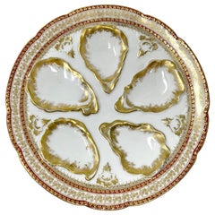 Antique French Red & Gold Porcelain Oyster Plate Signed "GDA Limoges" Circa 1900
