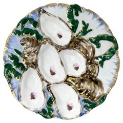 Antique French Blue and Green Porcelain Turkey Pattern Oyster Plate, Circa 1880
