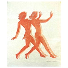 "Dancers in Unison", gravure sur bois Art déco aux couleurs riches, réalisée par une artiste féminine