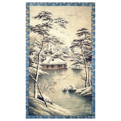 Antique Japanese Embroidery Textile Panel Winter Lanscape