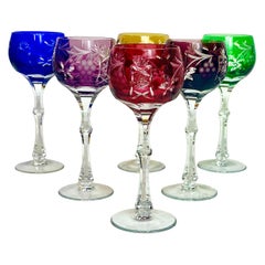 Delightful Set of Six Multi-Coloured Crystal Rhine Wine Glasses