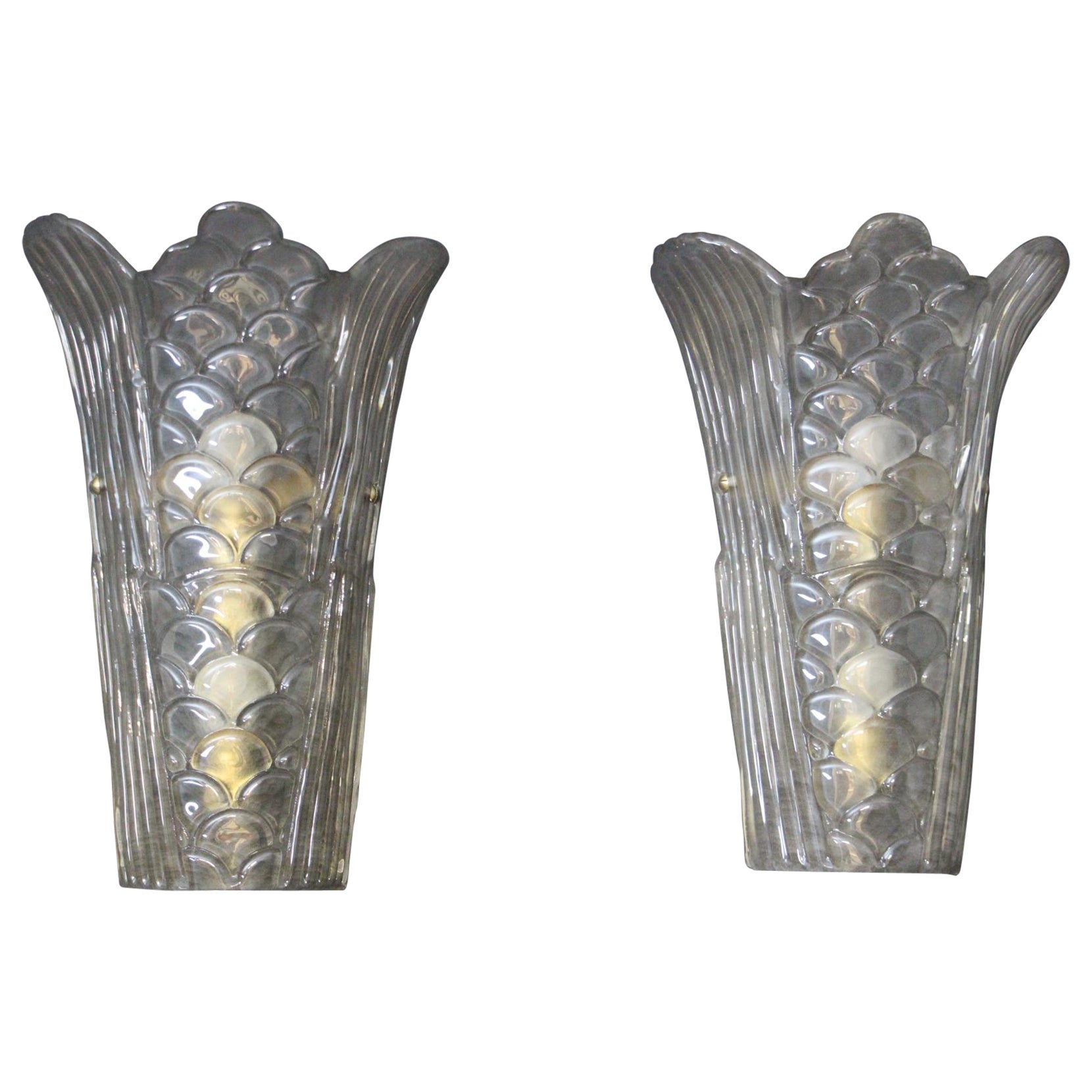 Pair of Molded Clear Frosted Murano Glass Wall Lights, Art Deco Glass Sconces For Sale
