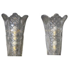 Pair of Molded Clear Frosted Murano Glass Wall Lights, Art Deco Glass Sconces