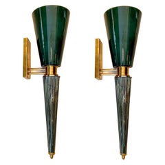 Pair of Green Art Deco Conical Murano Wall Sconces, Brass Fittings, 1940s