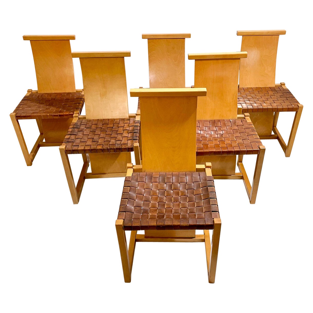 Mid-Century Modern Set of 6 Wood and Leather Chairs, Italy, 1950s For Sale