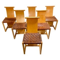 Mid-Century Modern Set of 6 Wood and Leather Chairs, Italy, 1950s