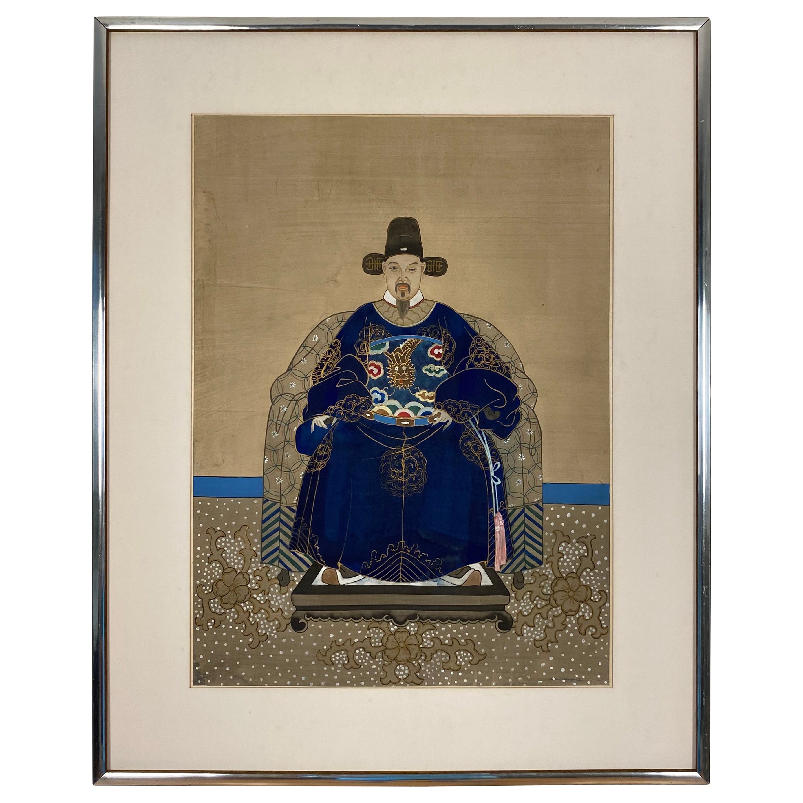 Ancienne peinture d'empereur imprial chinois sur soie, ancien empereur en vente
