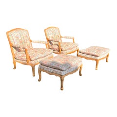  Bergerer Arm Chairs with Matching Puffs hand woven ratan wicker cane 