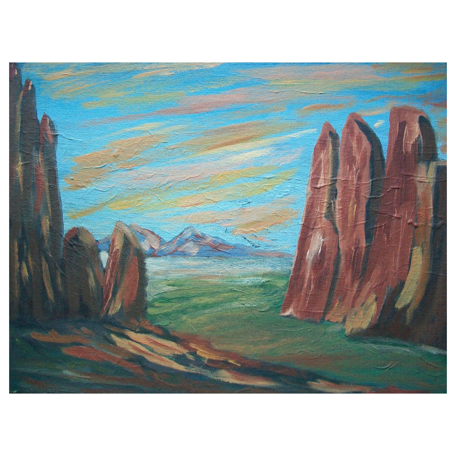 Robert P. Flynn, Paesaggio surrealista d'epoca, firmato e datato, circa 1970