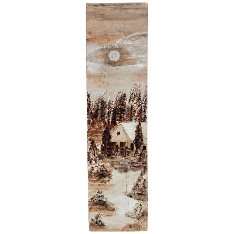 Vintage Folk Art Cabin in Winter Snow Landscape Long Format Painting ...