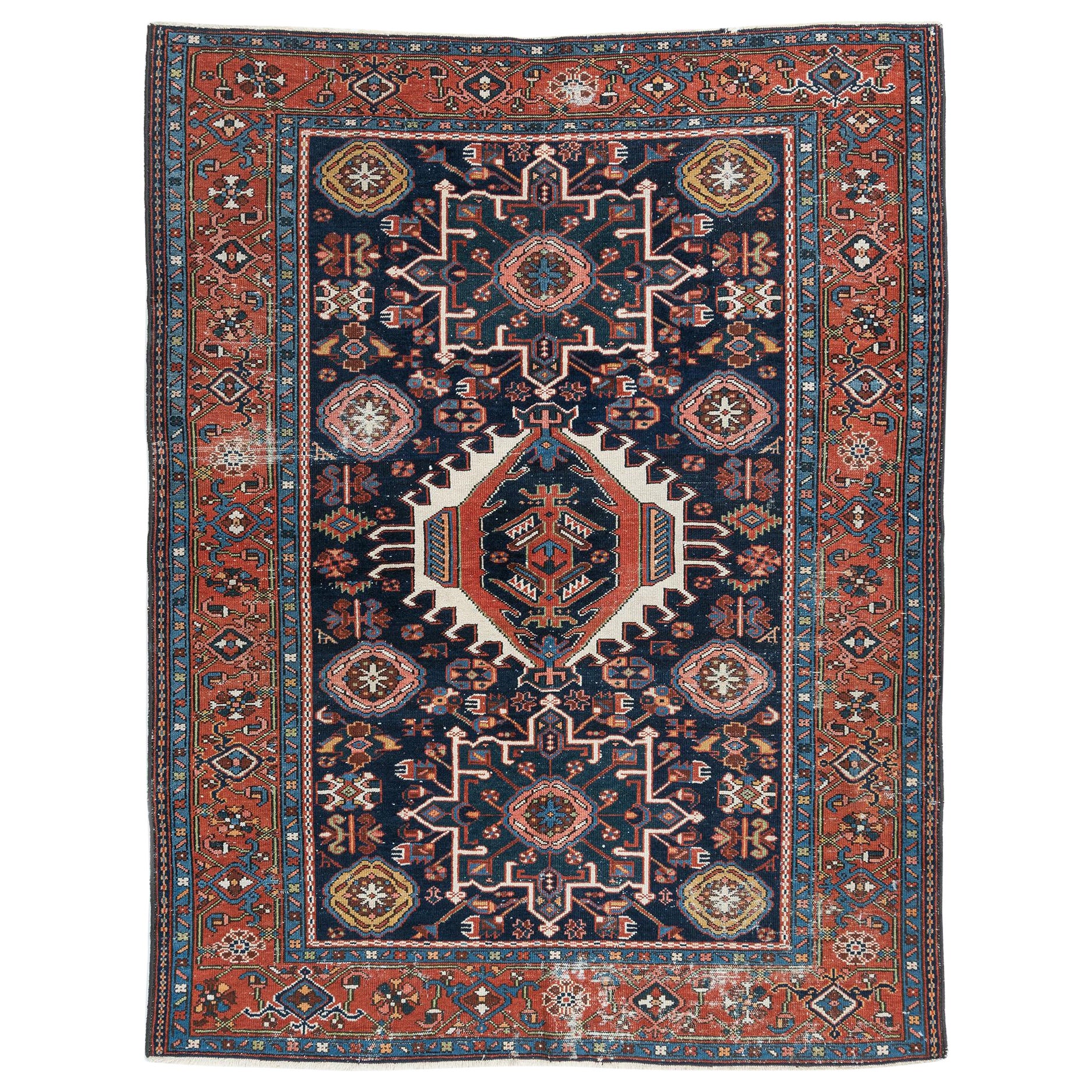 Antique Distressed Brick Red Persian Heriz Area Rug  4'1 x 6'3 For Sale