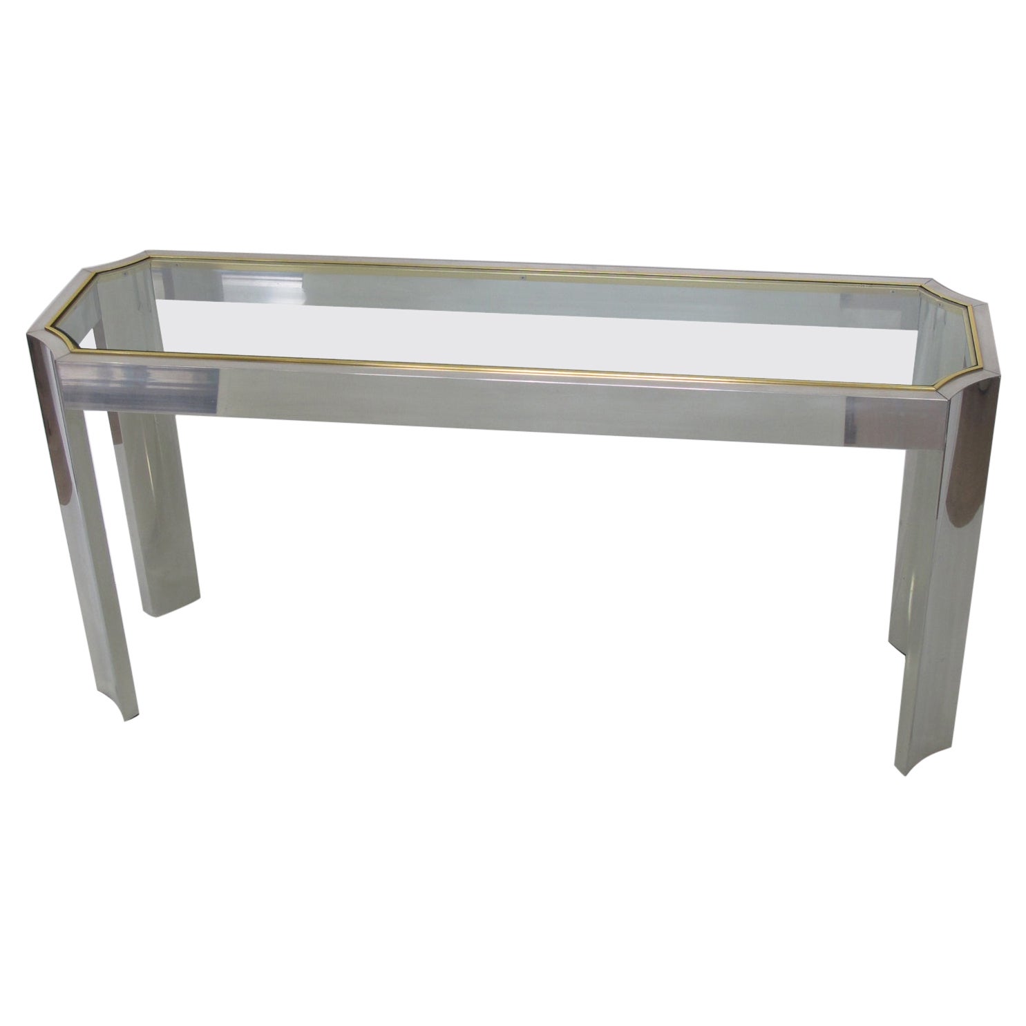 Willy Rizzo Style Aluminum and Brass Console Sofa Table with Glass Top, 1970s