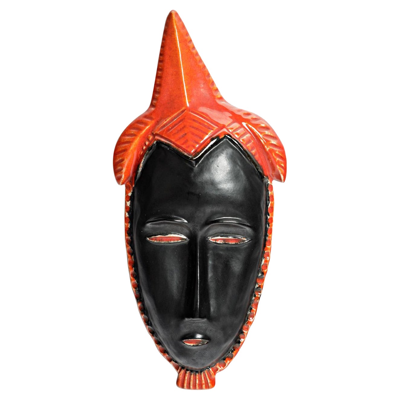 20th Century Large Black and Orange Ceramic Mask by Missy Annecy, circa 1950