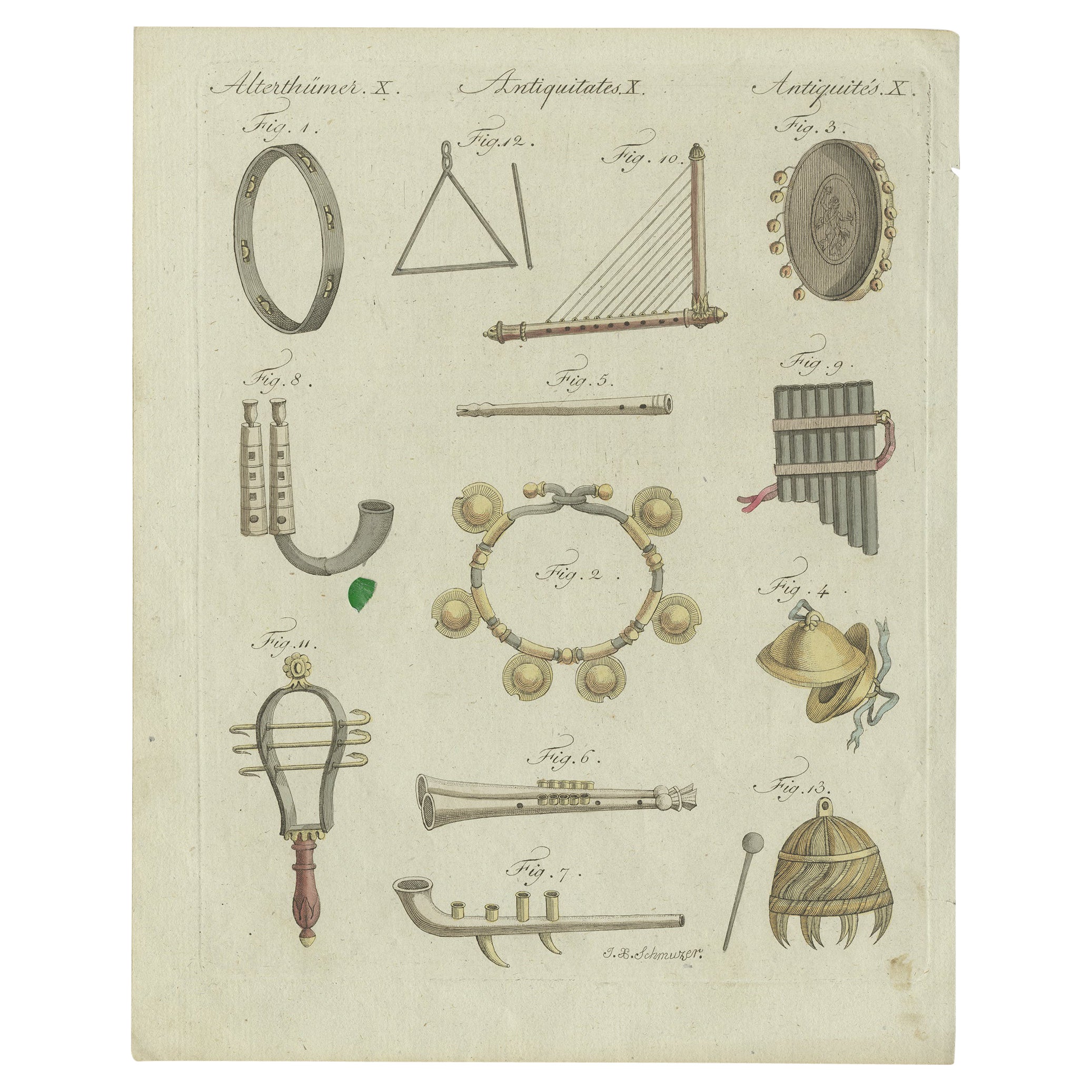Beautiful Original Hand-Colored Antique Print of Music Instruments, c.1770 For Sale