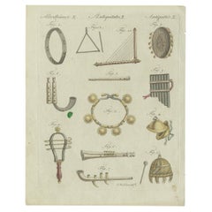 Beautiful Original Hand-Colored Used Print of Music Instruments, c.1770
