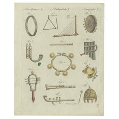 Precioso Grabado Antiguo Original Coloreado a Mano de Instrumentos de Música, c.1770