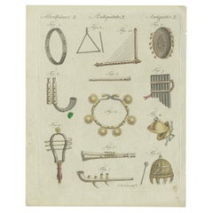 Beautiful Original Hand-Colored Antique Print of Music Instruments, c.1770