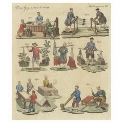Impression ancienne colorée à la main représentant différents commerces en Chine, 1800