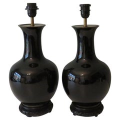 Set of 2 Black Mirror Ceramic Lamp Bases with Black Carved Wooden Base 1950-1960