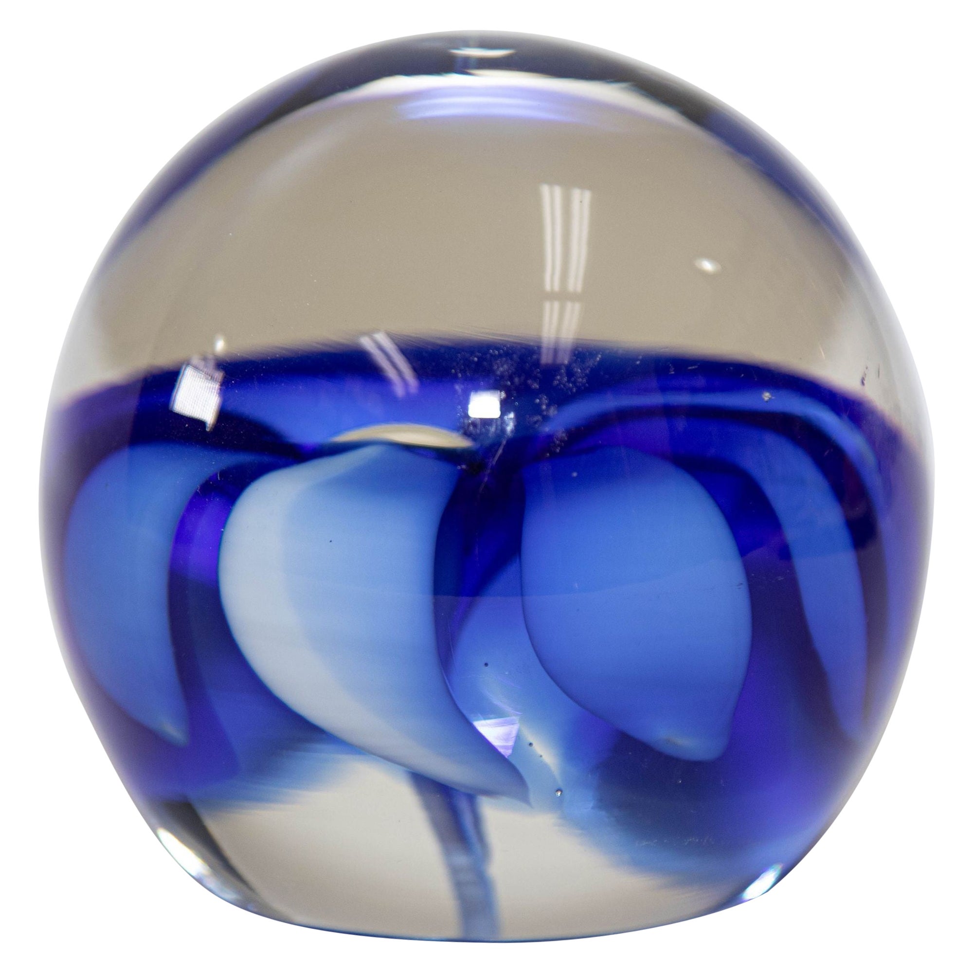 Vintage ICET Murano Glass Paperweight with Cobalt Blue Flower Mid-Century Moder