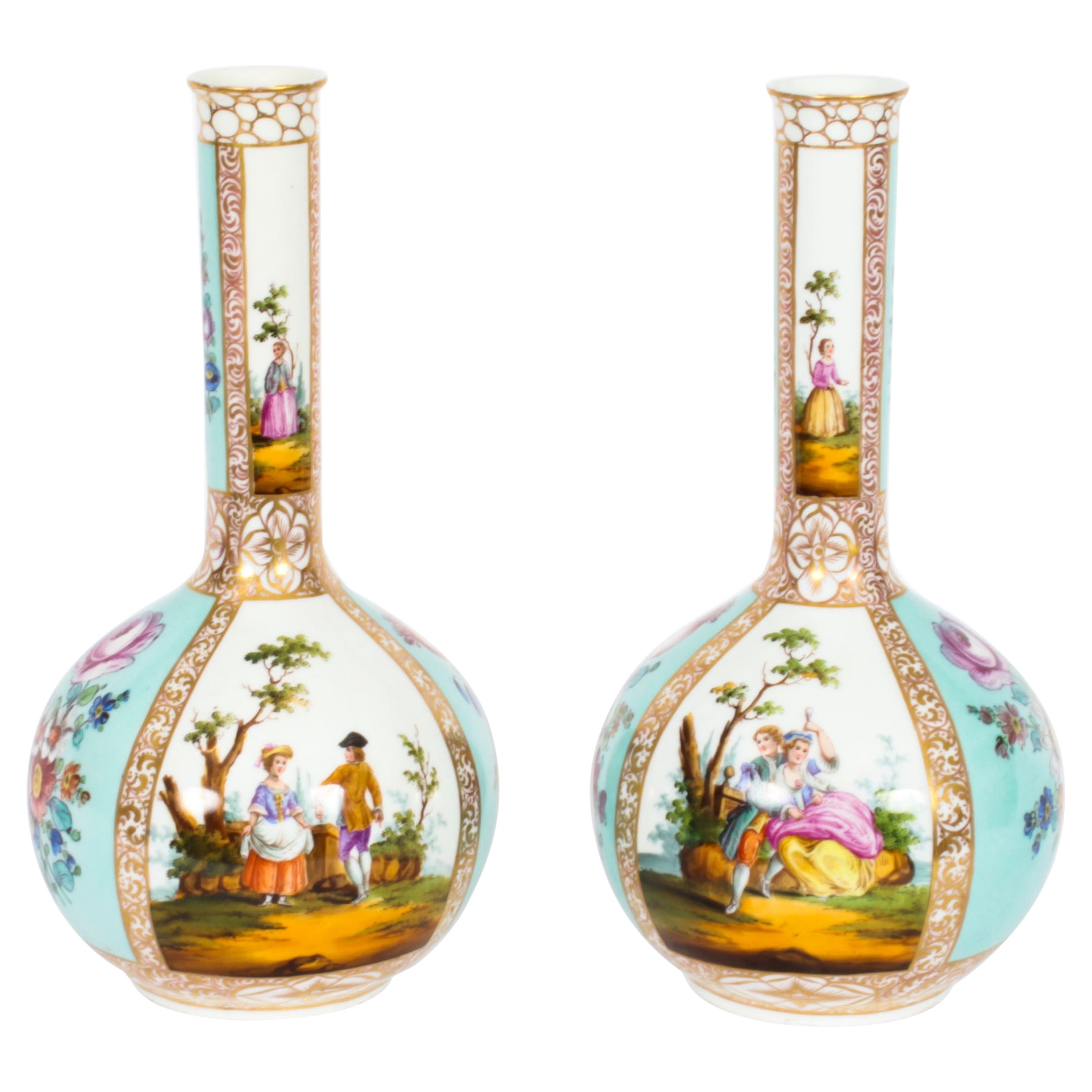 Antique Pair Helena Wolfsohn Dresden Porcelain Vases Provenance, 19th C For Sale