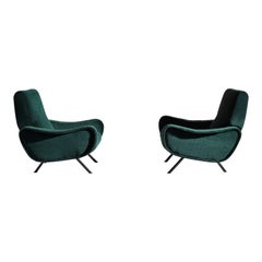 Marco Zanuso Early Pair of ''Lady'' Lounge Chairs Reupholstered in Green Velvet
