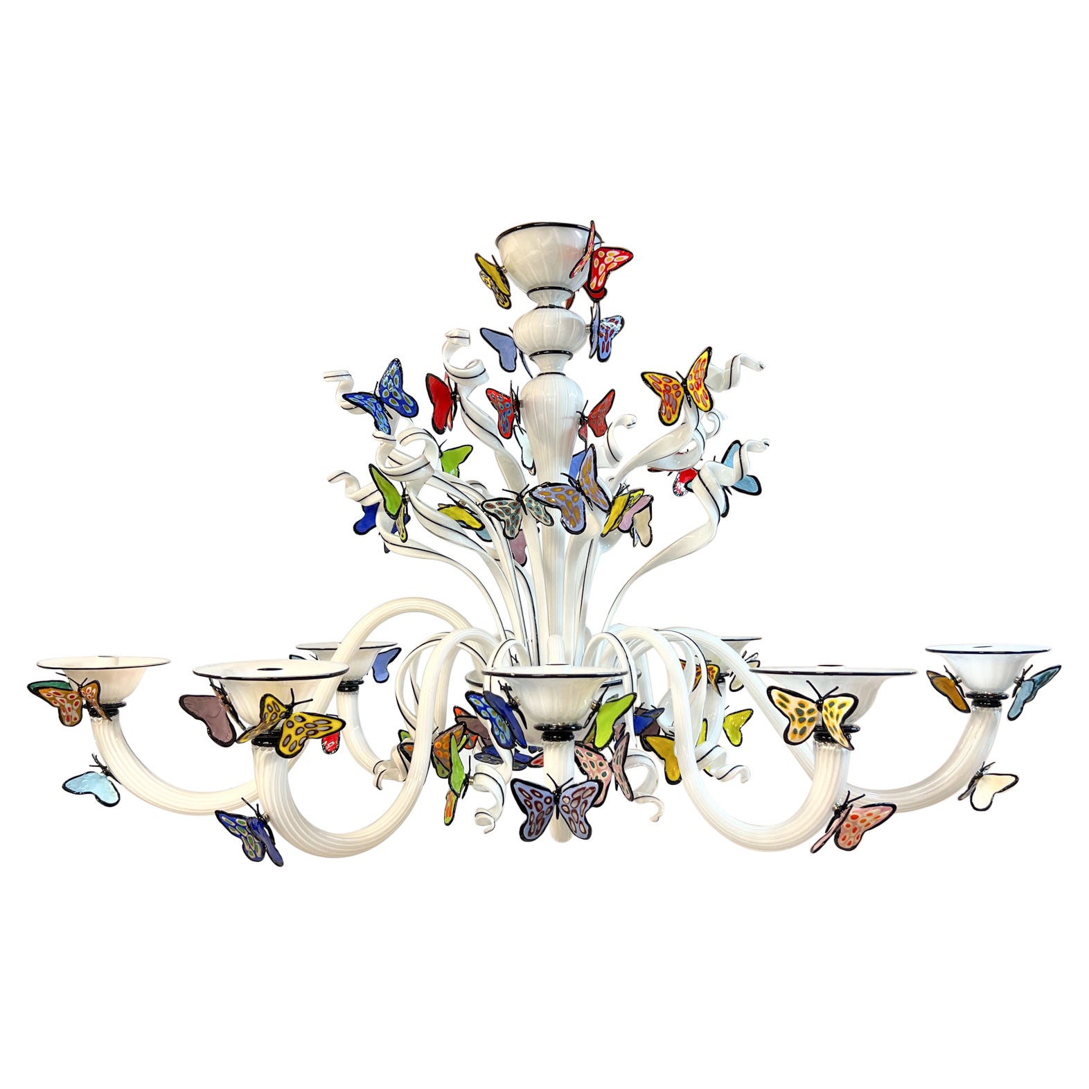 Costantini Diego Modern White Made Murano Glass Chandelier with Butterflies