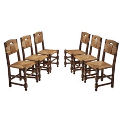 Set of Six Oak and Rush Chairs with Sculptural Legs, Europe 1940s