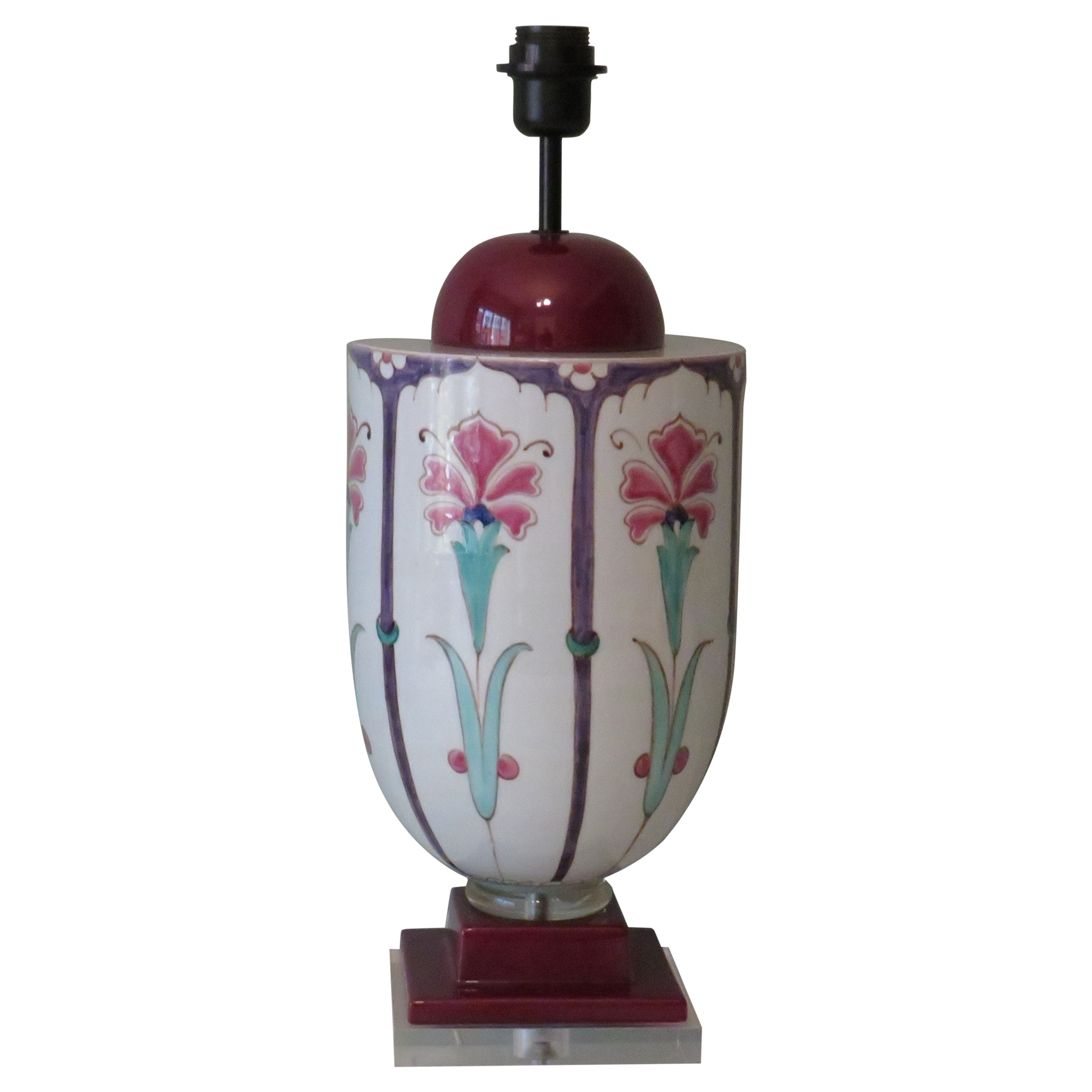 Grande base de lampe en céramique avec motif floral d'inspiration Art Nouveau, 1960 en vente