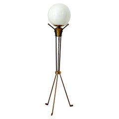 Vintage Italian Brass Floor Lamp in the style of Stilnovo, three legs, opaline
