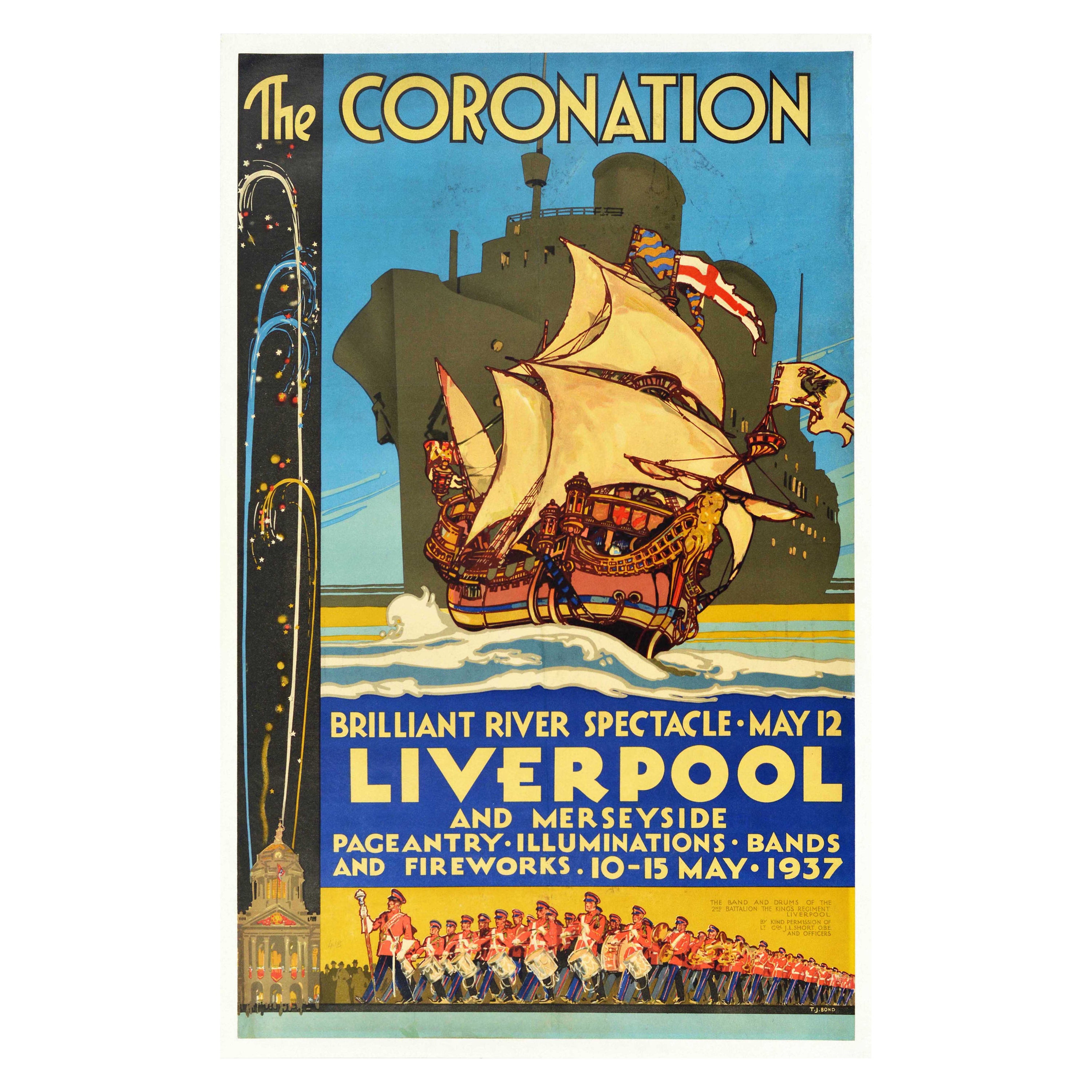 Original Vintage Poster Coronation King George VI Queen Elizabeth I Liverpool