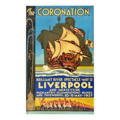 Affiche rétro originale du roi George VI Reine Elizabeth I Liverpool