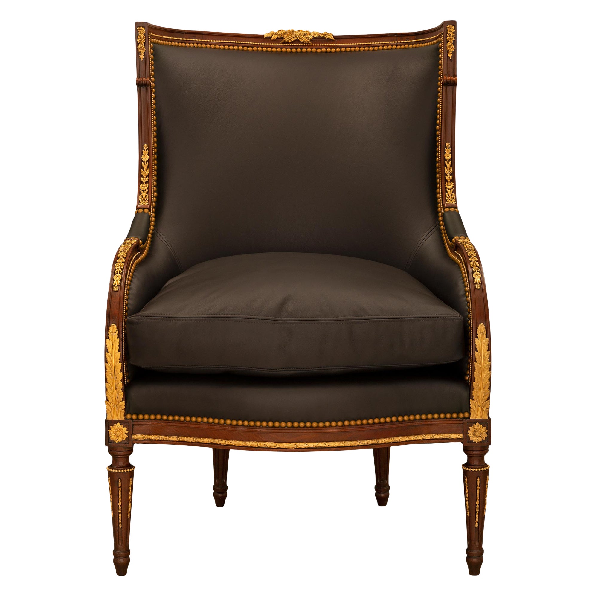 French 19th Century Louis XVI St. Mahogany and Ormolu Armchair For Sale