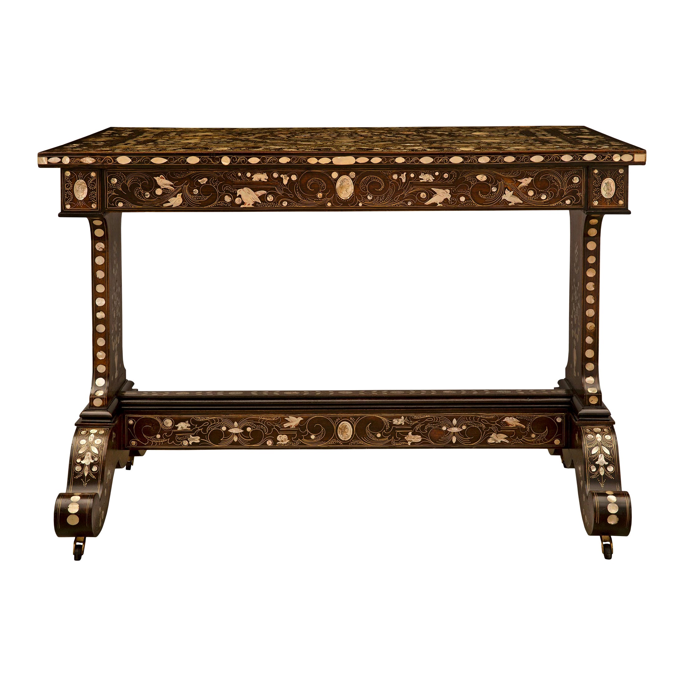 Italian 19th Century Fruitwood, Brass, Bone and Mother of Pearl Side Table For Sale