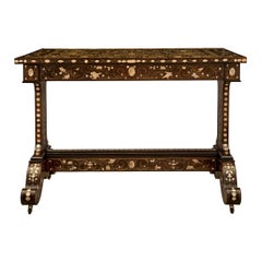 Antique Italian 19th Century Fruitwood, Brass, Bone and Mother of Pearl Side Table
