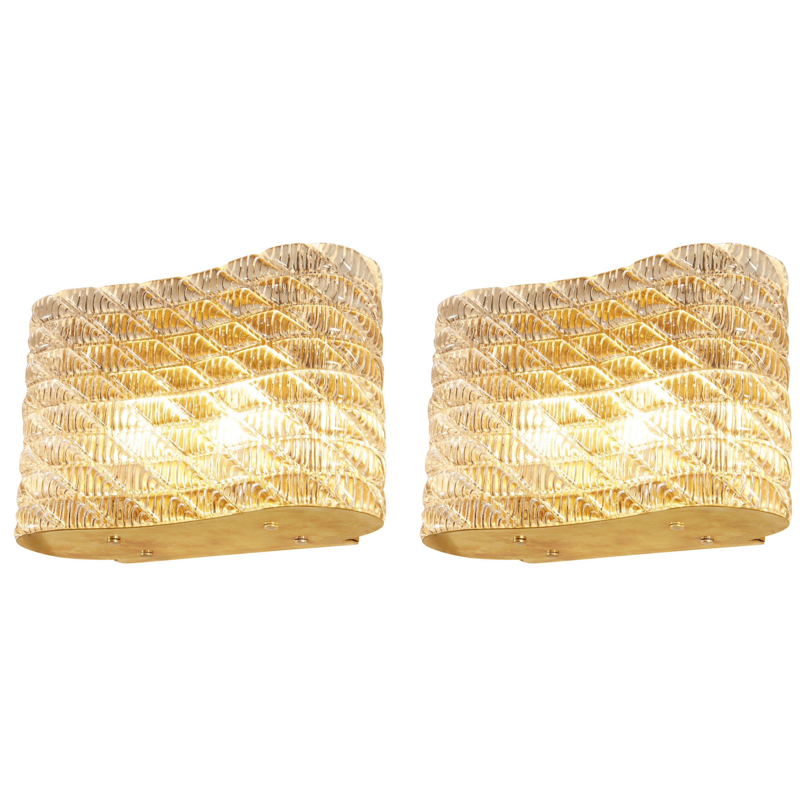 Pair of Italian 1950s Seguso Murano Glass and Brass Wall Lights