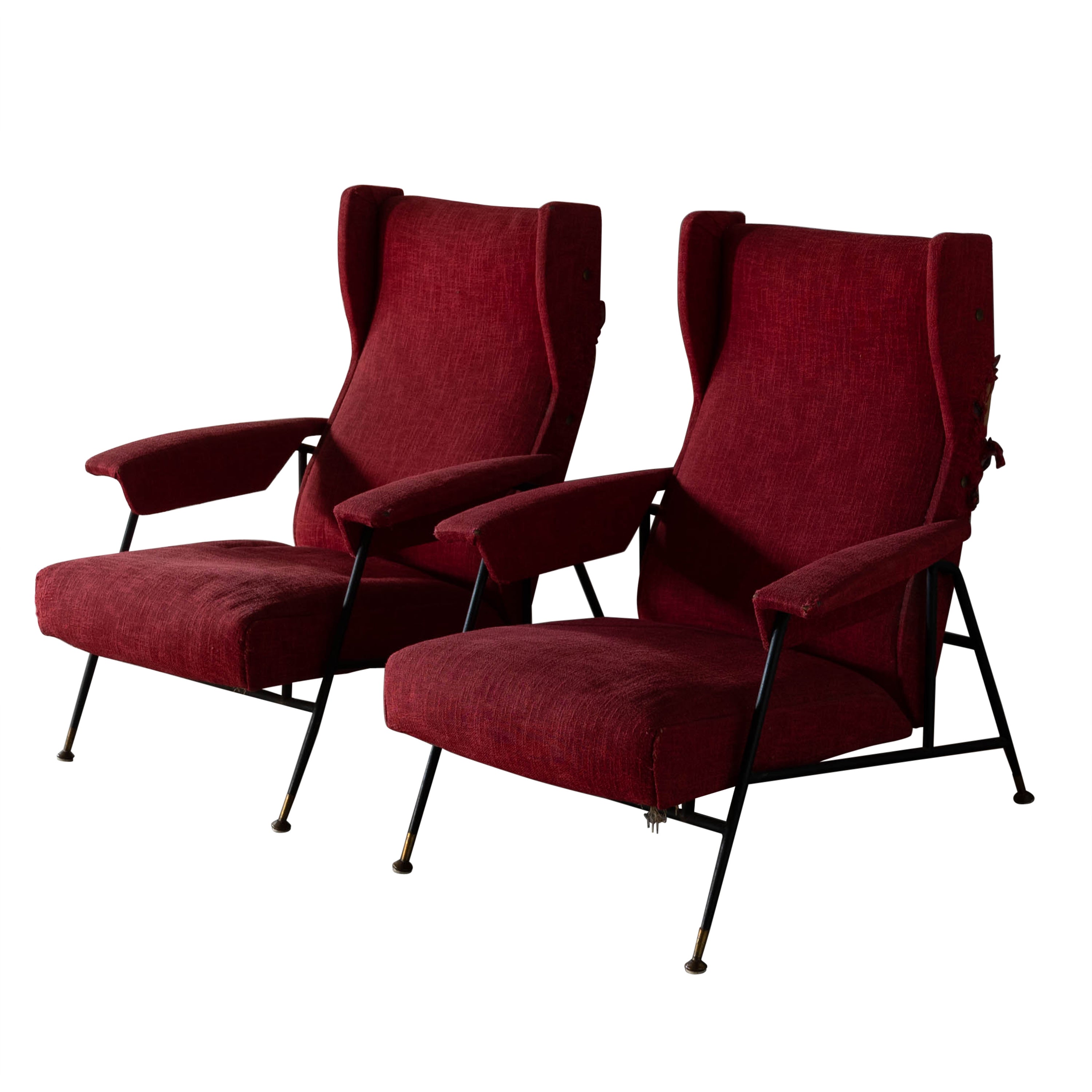 Italian Designer, Adjustable Lounge Chairs, Metal Brass Red Fabric, Italy, 1950s
