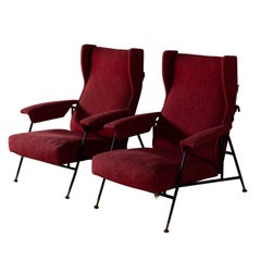 Italian Designer, Adjustable Lounge Chairs, Metal Brass Red Fabric, Italy, 1950s