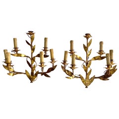 Vintage Pair of 1950s Spanish Wall Sconces in Gilt Metal and Six Light Arms
