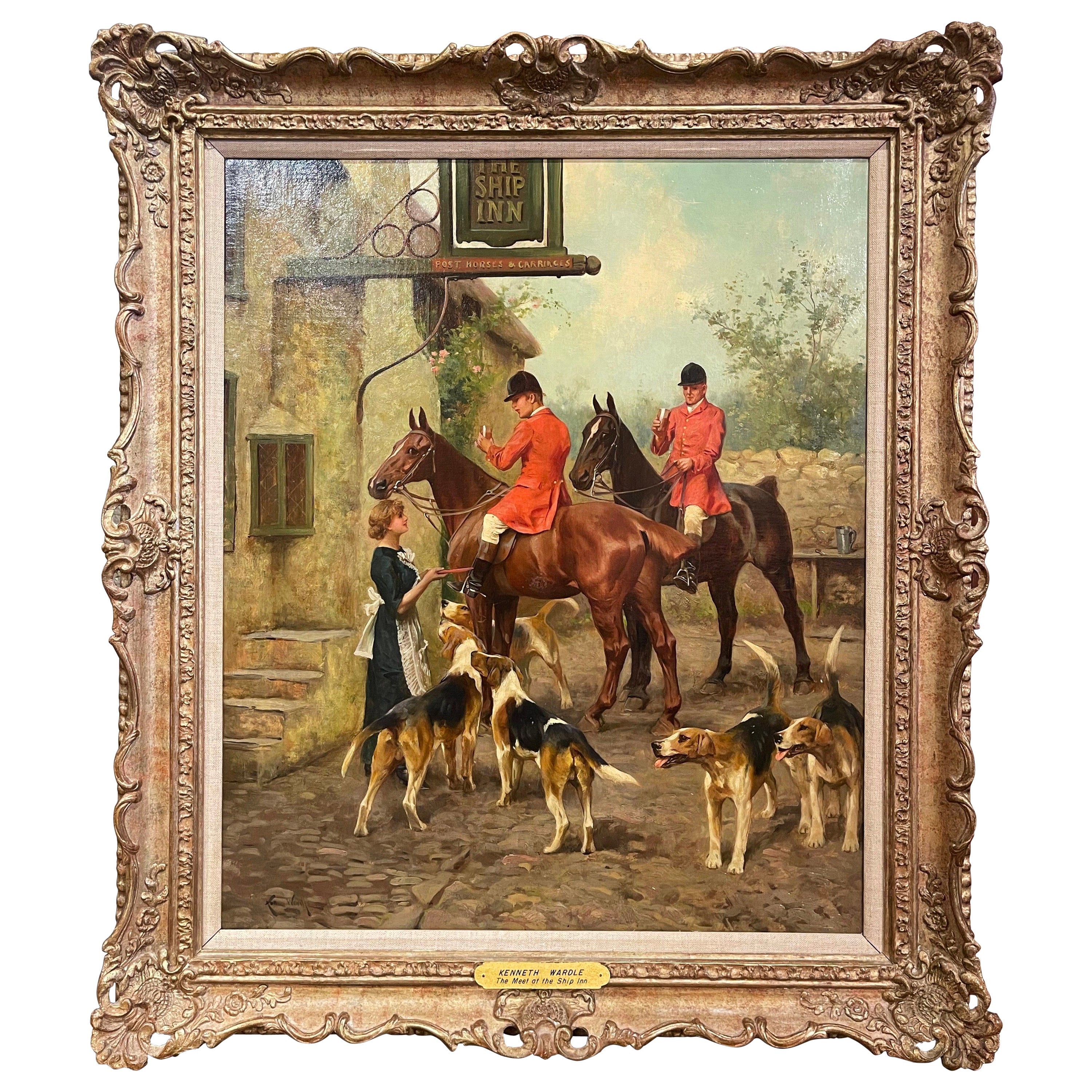 Peinture à l'huile sur toile britannique du 19ème siècle représentant une chasse dans un cadre doré, signée K. Wardle en vente