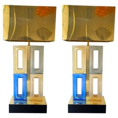 Contemporary Pair of Brass Domino Murano Glass Lamps, Italy