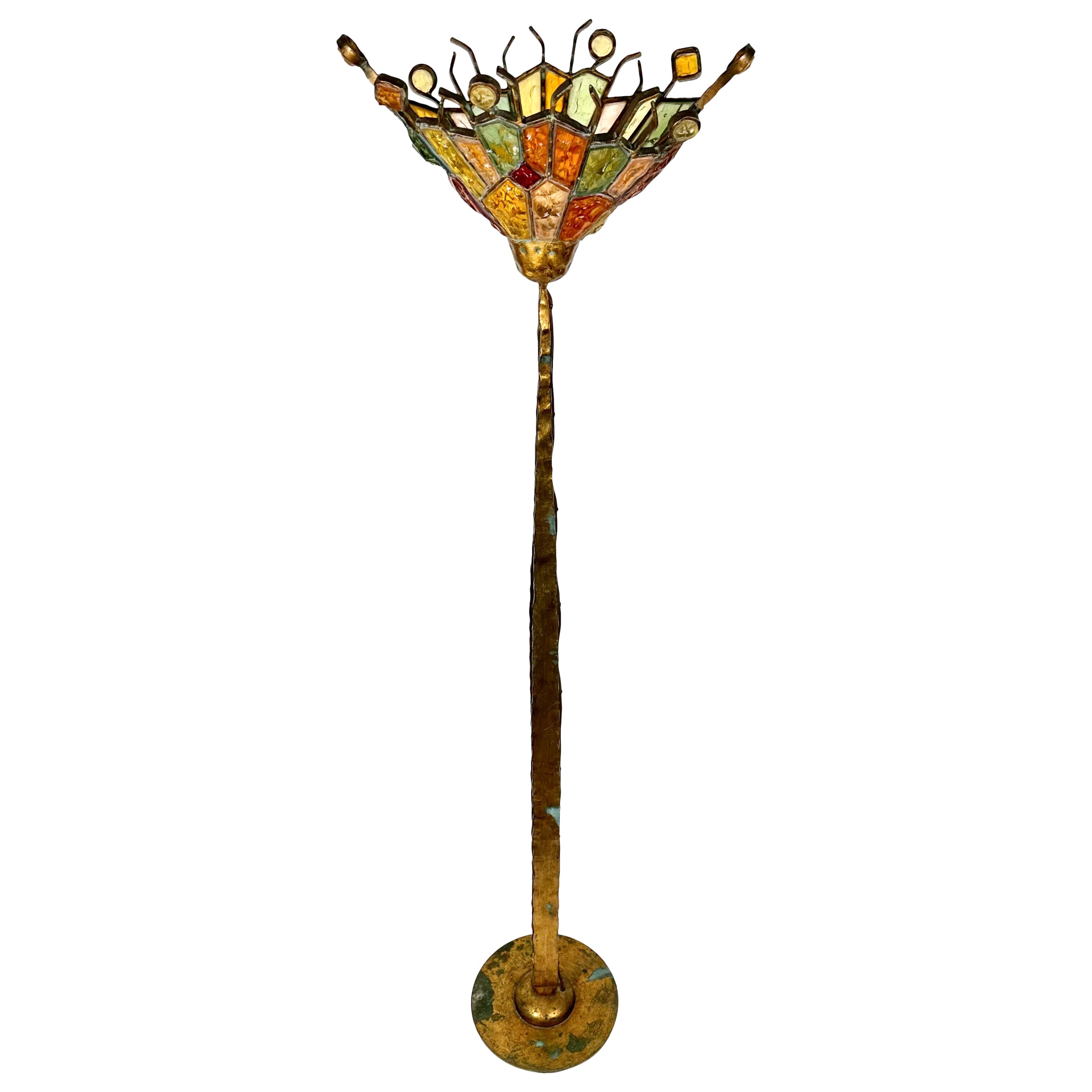 Brutalist Iron and Art Glass Floor Lamp Albano Poli for Poliarte, Italy 1970s For Sale