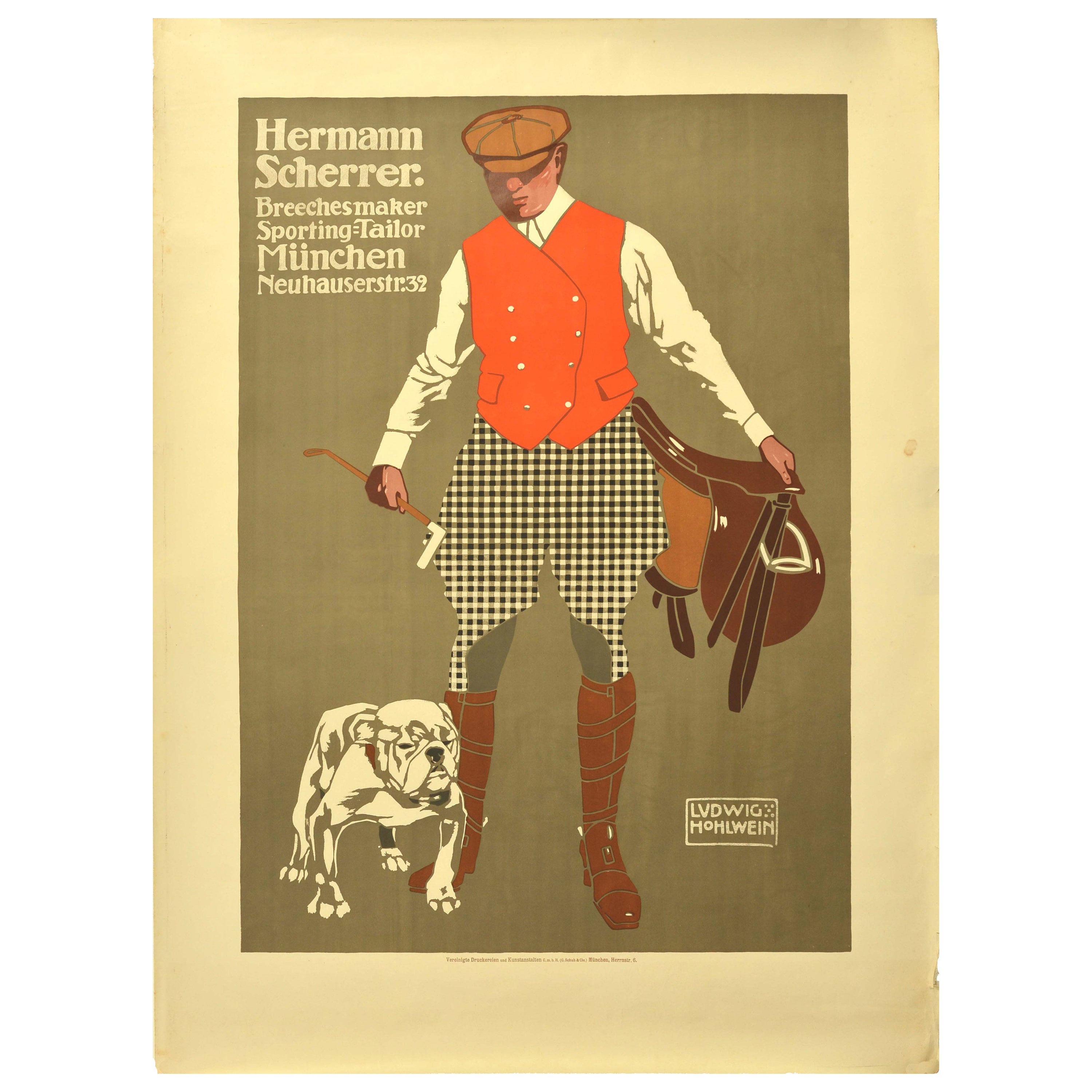 Affiche publicitaire originale et ancienne de vêtements de mode Hermann Scherrer Hohlwein en vente