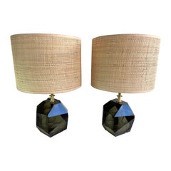 Contemporary Pair of Stone Diamond Murano Glass and Brass Lamps, Italy