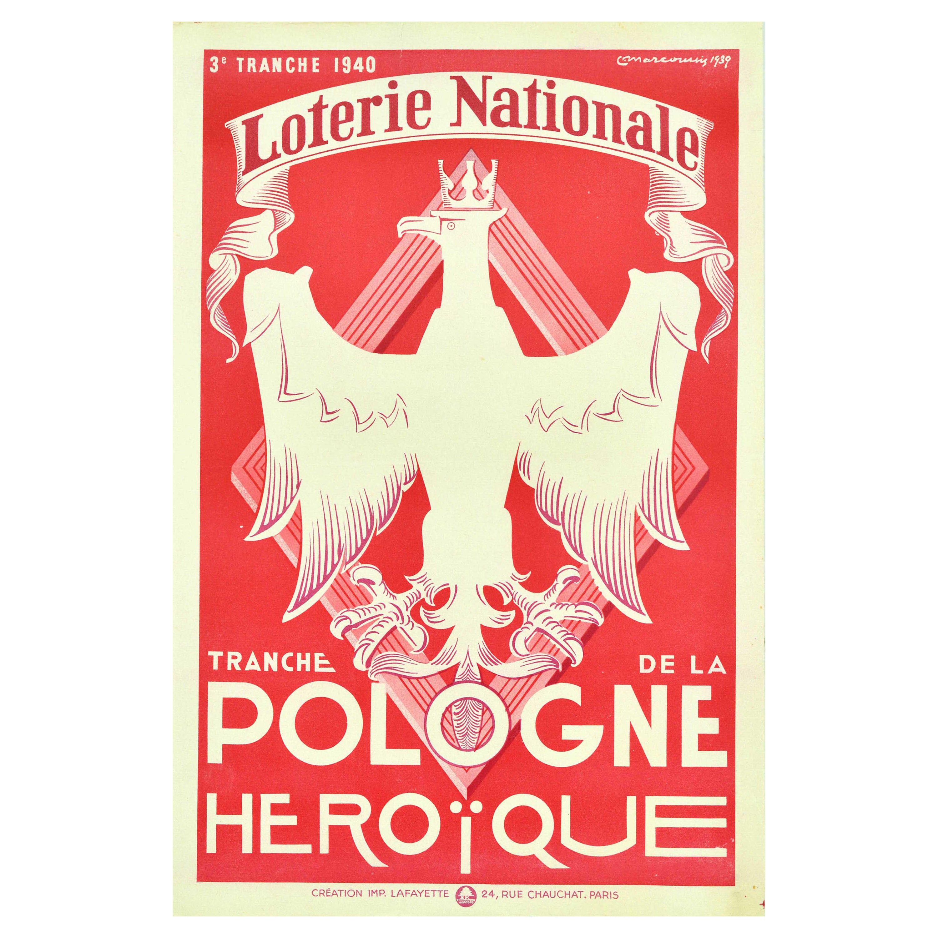 Original Vintage Advertising Poster National Lottery Heroic Poland Pologne Eagle For Sale
