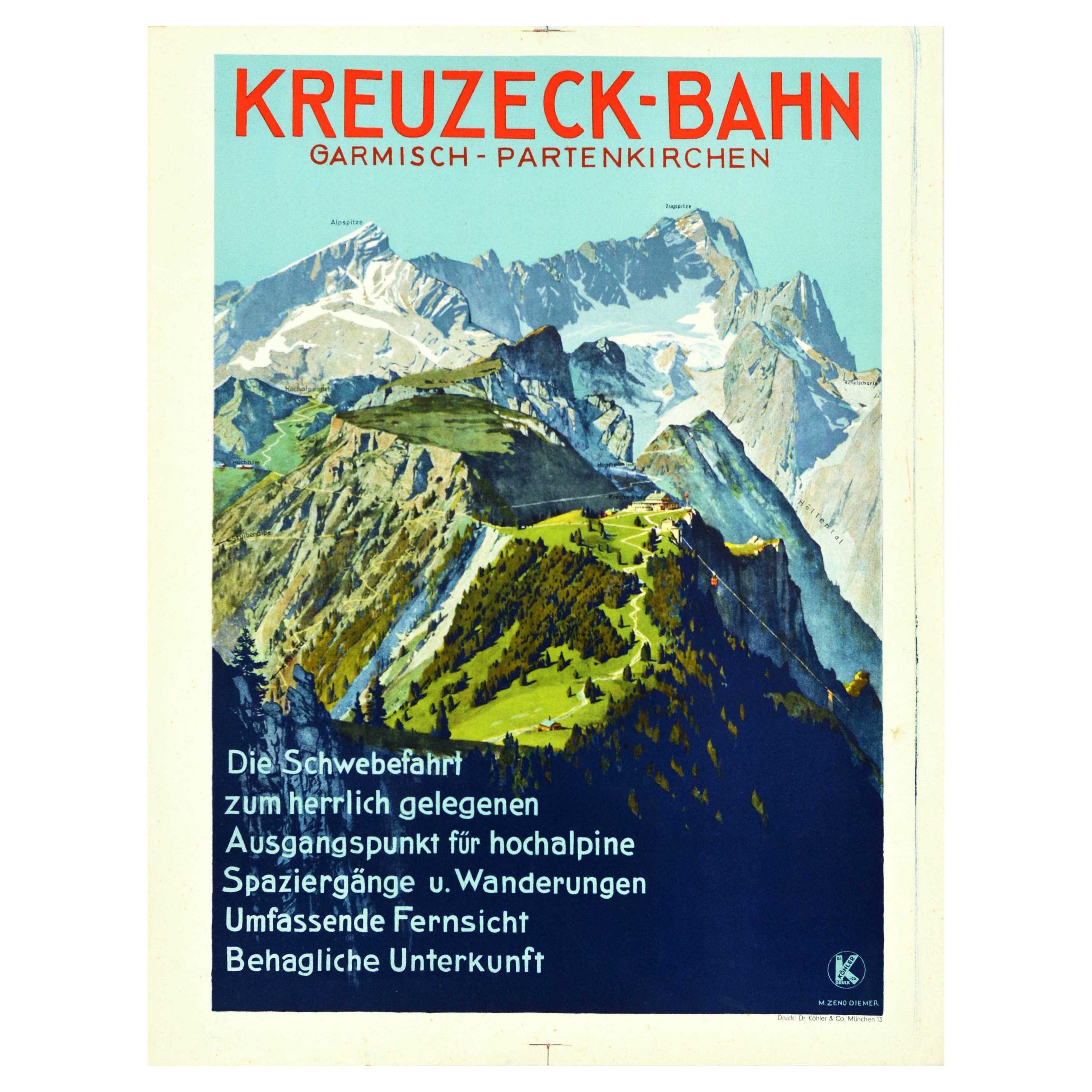 Original Vintage Railway Travel Poster Kreuzeck Bahn Garmisch Partenkirchen Car