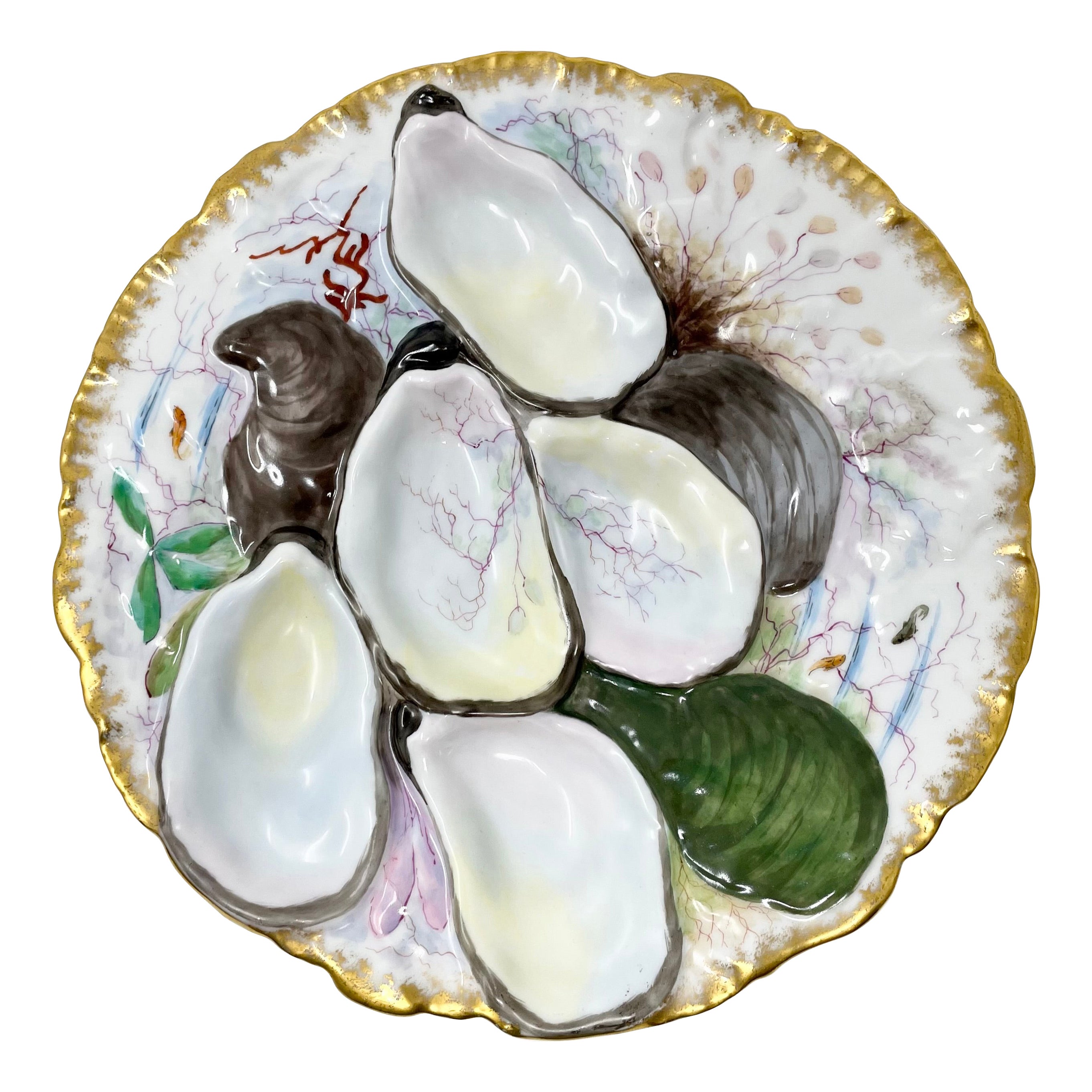 Antique French "Haviland & Co. Limoges" Hand-Painted Porcelain Oyster Plate 1890