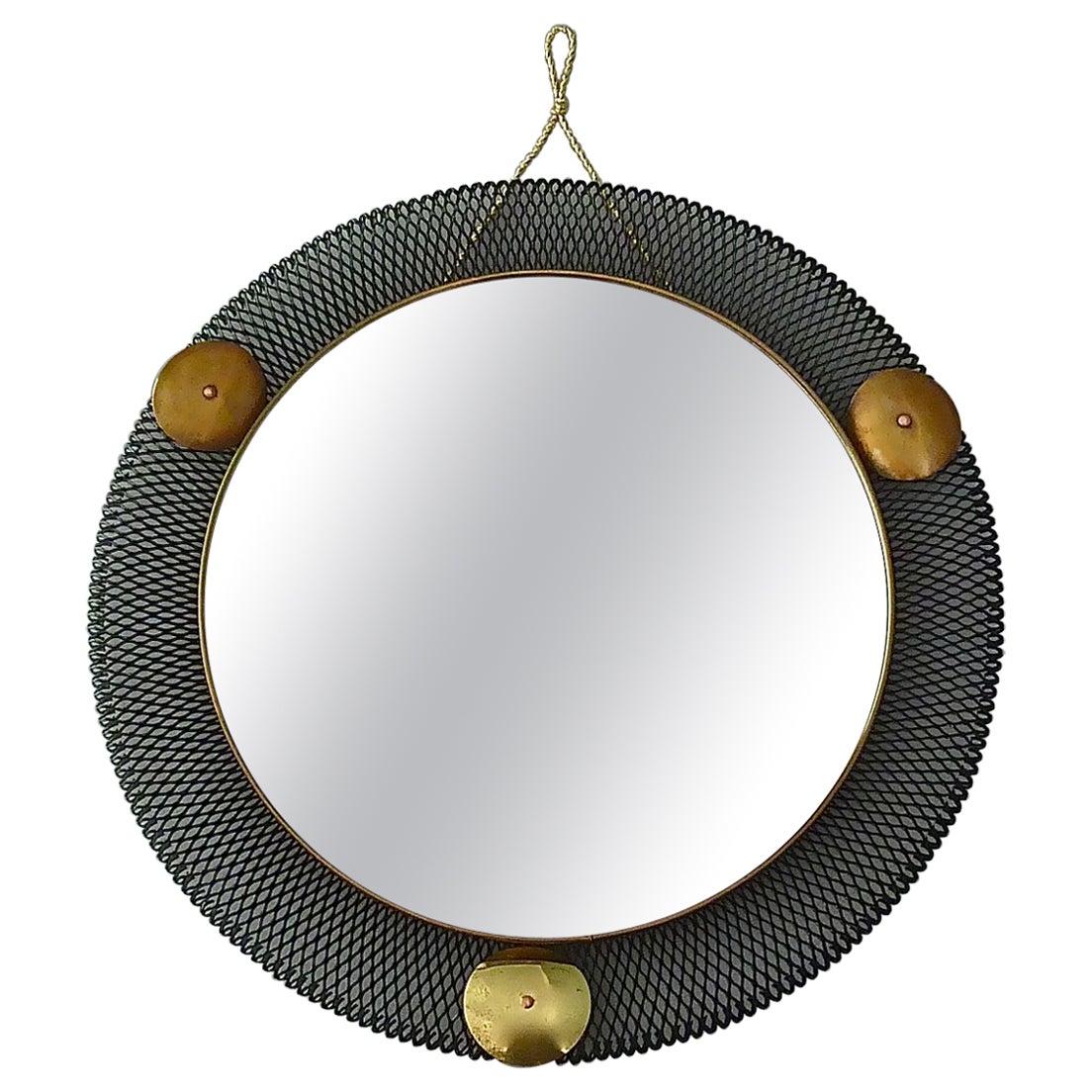 Round Black Midcentury Wall Mirror Brass Stretched Metal 1955 Mategot Biny Style For Sale