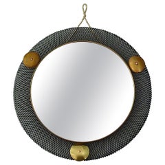 Vintage Round Black Midcentury Wall Mirror Brass Stretched Metal 1955 Mategot Biny Style