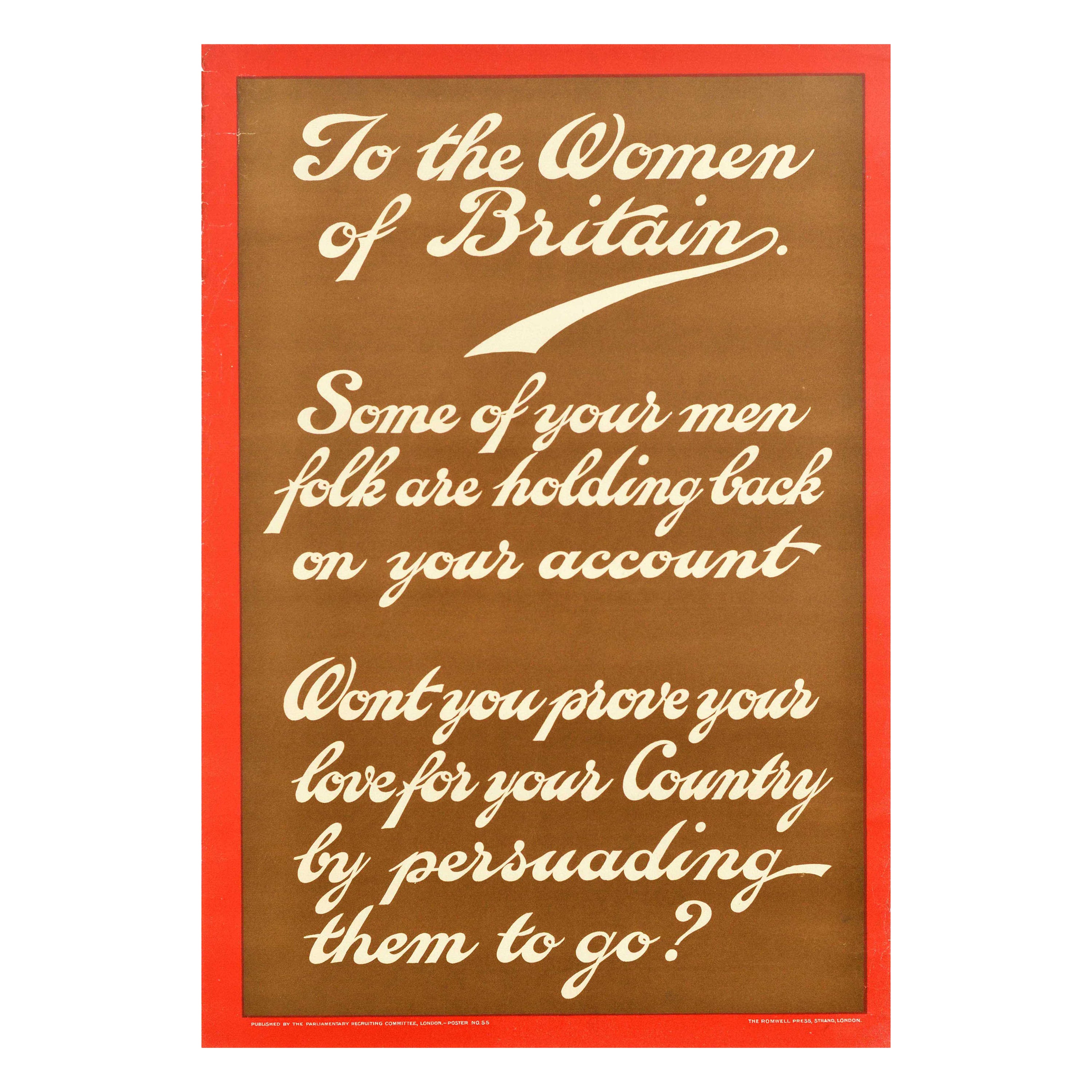 Original Antique World War One Recruitment Poster To The Women Of Britain WWI For Sale